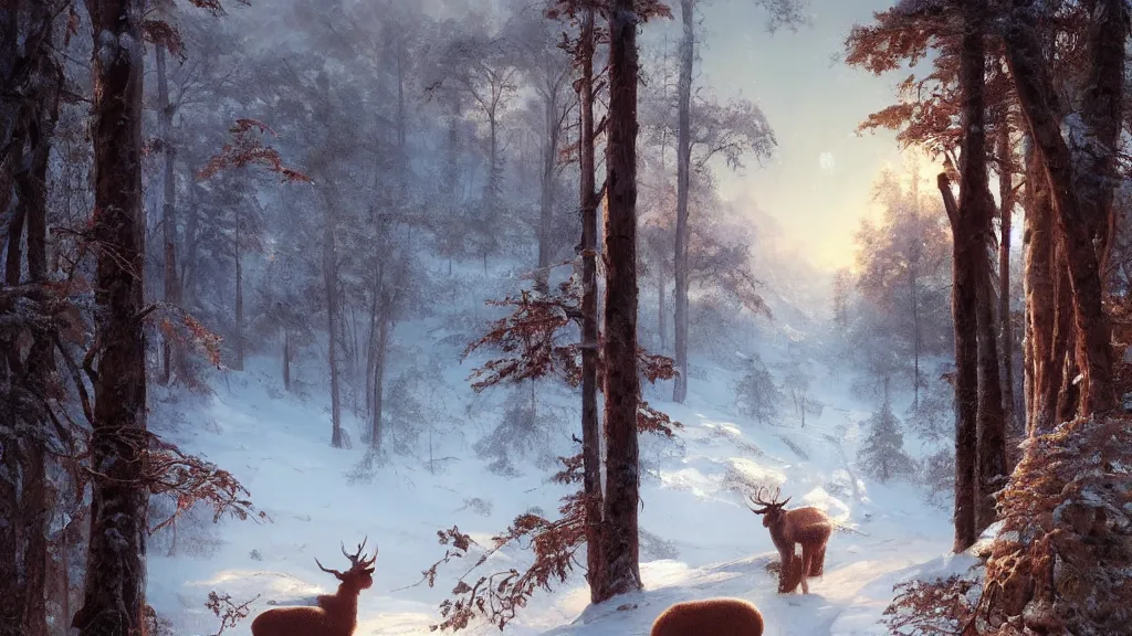 Image similar to the most beautiful panoramic landscape, oil painting, where a giant dreamy waterfall is frozen, the trees around have snow over their leafs, some majestic deers are in close - up and they are exhaling steam, the ray lights of the sunrise are brightening him, by greg rutkowski