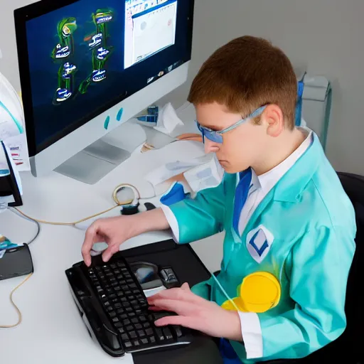 Image similar to A dolphin wearing a chemist outfit playing games on a computer