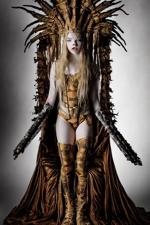 Image similar to dressed anya taylor - joy as a queen of senobith, symmetrical, cinematic, elegant, demonic atmosphere, professional studio light, real dlsr photography, sharp focus, costume made by clive barker, real rotten flesh and blood, 4 k, ultra hd, sense of awe