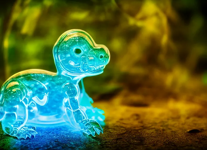 Prompt: photo of a translucent clear chibi style baby dinosaur made out of clear glass, but has hypercolor glowing energy inside its body, in the forest. fantasy magic style. highly detailed 8 k. intricate. nikon d 8 5 0 3 0 0 mm. award winning photography. design by pixar