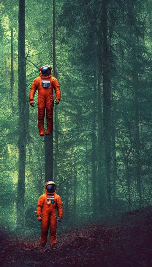 Prompt: american astronaut in the forest in orange and teal suite, plants environment wide angle cinematic lighting atmospheric realistic octane render highly detailed, octane render, in the style of craig mullins