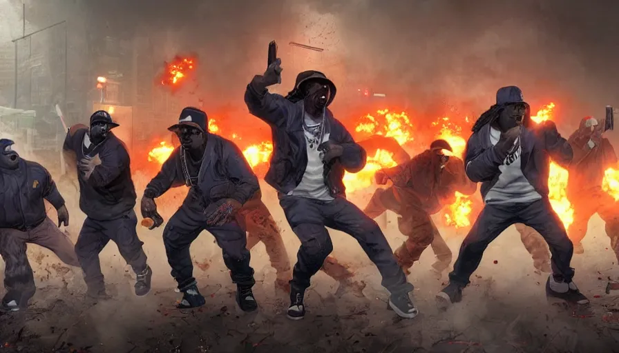 Image similar to full - body action shot of a gangsta rap group n. w. a. fighting a horde of zombies, in the style of boondocks, mist, epic, cinematic, volumetric lighting, symmetry, fantasy style, highly - detailed, unreal 5, realism,