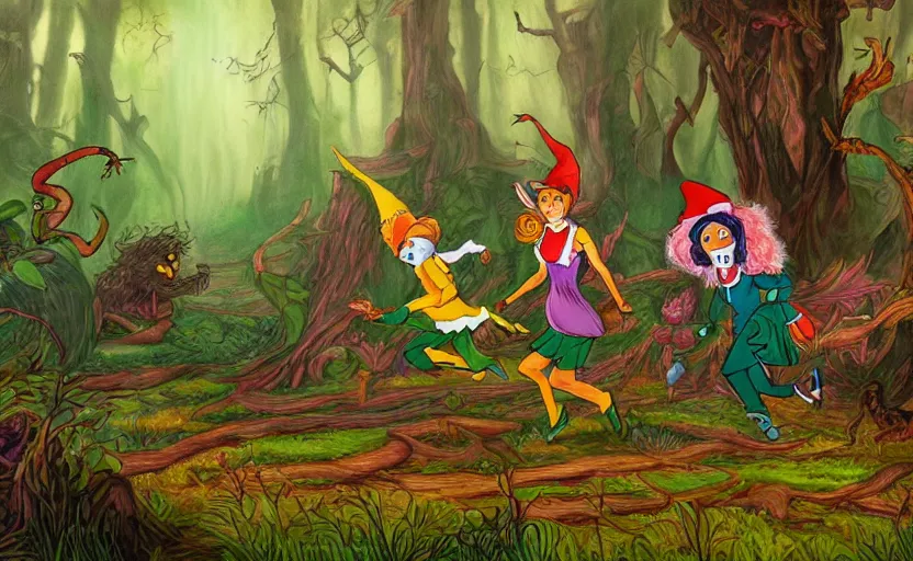 Image similar to a scene of colorful cartoon elves running through a clearing in a dark fantasy forest surrounded by darkness. hyperrealist illustration. muted colors. 1 9 7 0's pulp science fiction and fantasy cartoon for alice in wonderland and wizard of oz. highly detailed and richly colored painting. trending on artstation