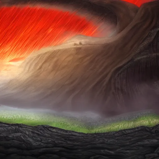 Prompt: wide open landscape in hell, river styx, lava, ruins, fortresses, dark sky, hellscape, digital art