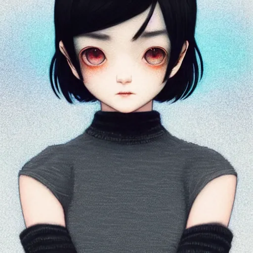 Prompt: beautifully pretty stoner girl, black sweater, grey skirt, red eyes, glittery short black hair, blue eyes, universal volumetric lighting, soft glow, by ilya kuvshinov, claude monet, range murata, artgerm, norman rockwell, alphonse mucha, highly detailed intricately sharp focus, trending on pinterest, unreal engine 5 4 k uhd image