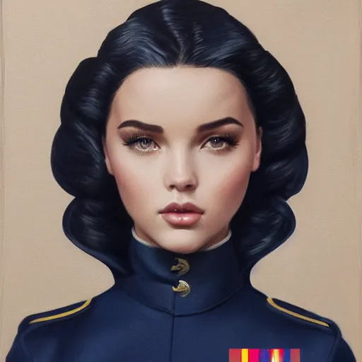 Prompt: tom bagshaw portrait, beautiful femme fatale mix of dove cameron madison beer bella poarch in a full navy marine suit, 1 9 5 0 pinup look, professionally retouched, focus eyes, ultra realistic soft painting, insanely detailed linework, symmetrical accurate intricate features, behance, 8 k