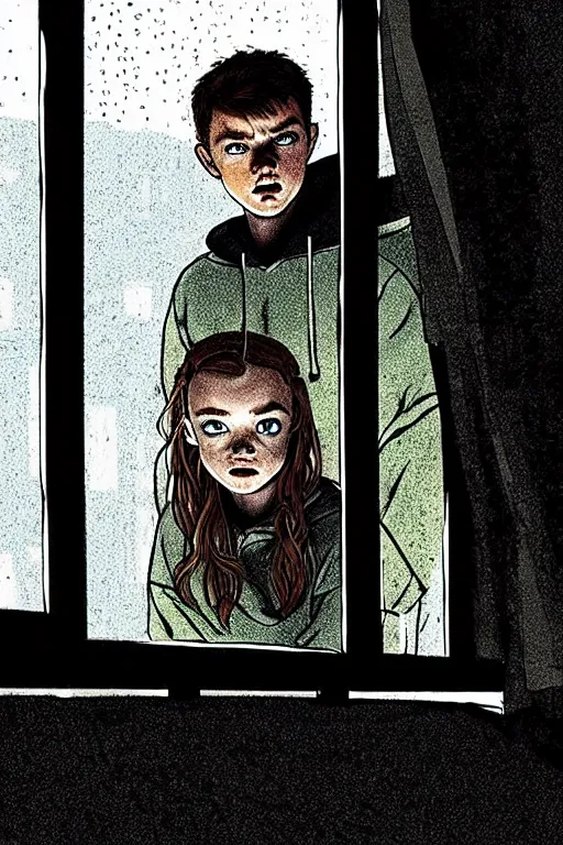 Image similar to outdoors : sadie sink peter parker in hoodie sits on windowsill, knees tucked in | rain falls at night : storyboard, scifi cyberpunk. by gabriel hardman, joe alves, chris bonura. cinematic atmosphere, detailed and intricate, perfect anatomy