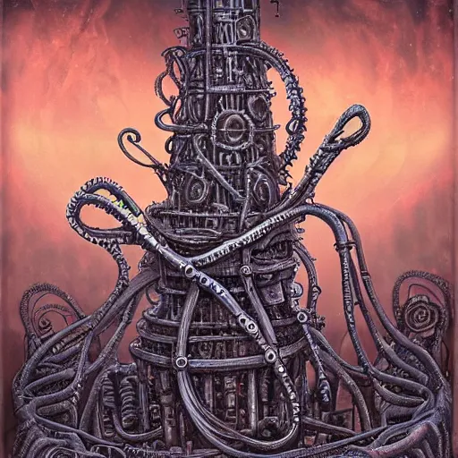 Image similar to lovecraftian biomechanical machine-tower with fleshy tendrils and eyeball at top overlooking dystopian wasteland, highly detailed, colorful with red hues