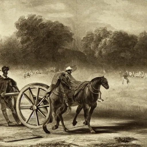 Image similar to a horse pulling a canon. the canon is harnessed to the horse and towed