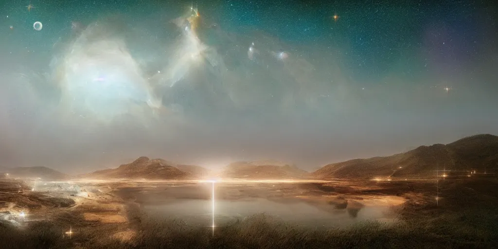 Prompt: a beautiful double exposure of the astronomy picture of the day, nebula, with a rural seaside village landscape at night, soft white light, muted, neutral light, light blue tones, long exposure clouds, unreal engine