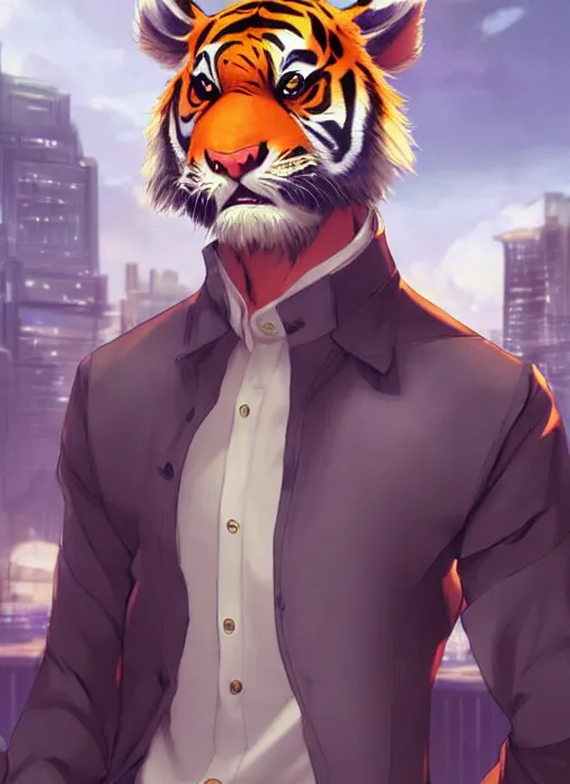 Image similar to character portrait of a male anthro Tiger fursona wearing a dress shirt and slacks in a futuristic city. Character design by charlie bowater, ross tran, artgerm, and makoto shinkai, detailed, inked, western comic book art