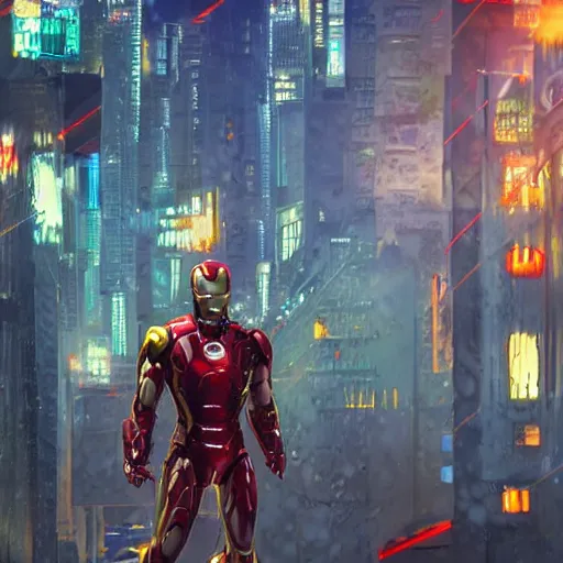 Image similar to a hyperdetailed photograph of iron man flying through the skies of a cyberpunk, futuristic city, night, dense fog, rain, hd, 8 k resolution by greg rutowski, stanley artgerm, alphonse mucha