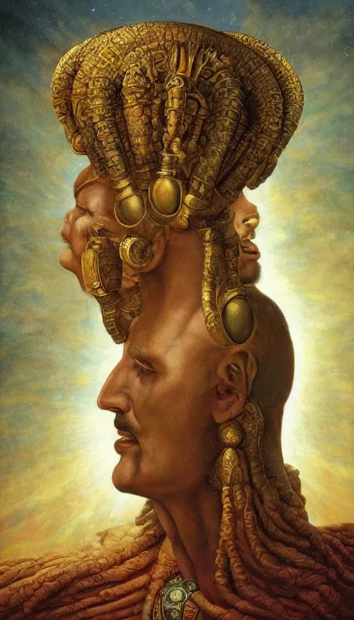 Prompt: the emperor, ram horns sprouting from his head, golden taurus, mars energy, ankh, wisdom, agostino arrivabene