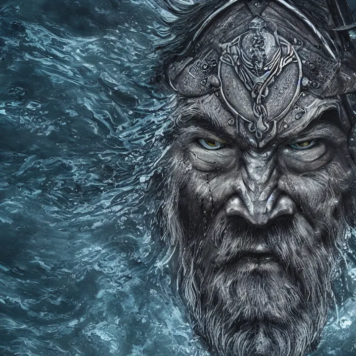 Prompt: viking face rising through water surface seen from above, dark fantasy art, 4k ultra hd, trending on artstation