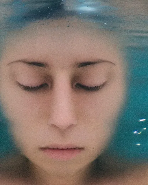 Image similar to a woman's face underneath the water, serene emotion, film grain, strange colors