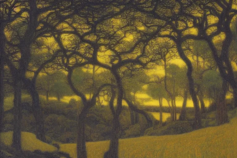 Image similar to masterpiece painting of oak trees on a hillside overlooking a creek, dramatic lighting, by jean delville