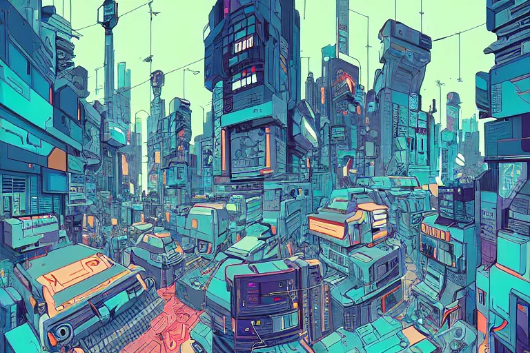 Image similar to a crowded cyberpunk intersection by Josan Gonzalez, golden ratio, heavy linework, clean strokes, sharp edges, flat colors, cell shaded