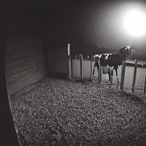 Image similar to ultra - realistic close - up of creepy cow at night, fish - eye - lense, disturbing horror photo, doorbell camera footage