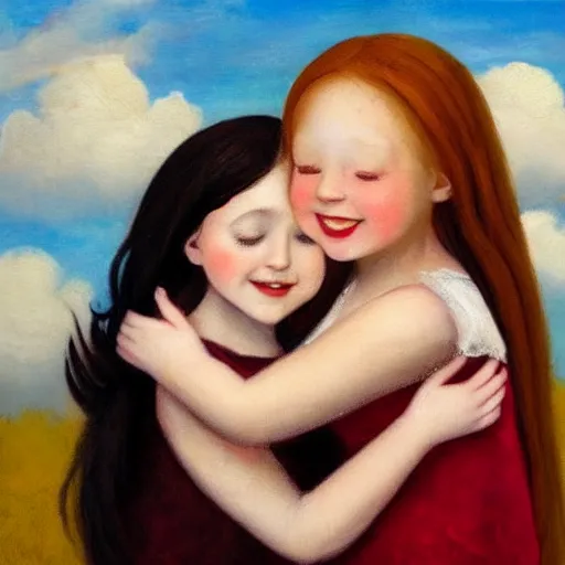 Prompt: a young black haired girl hugging a young ginger haired girl and smiling, beautiful, innocent, angelic, happy, warm, soft lighting, in the clouds, renaissance, beautiful, cherubic, oil painting