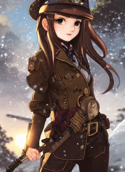 Image similar to girl with steampunk weapons and uniform, smug, finely detailed, made by artgerm, ross tran, full body portrait, illustration, snow, snowing, cloudy, anime, side view, perfect anime face, realistic face, zoomed out, smooth, brown eyes, high waisted shorts