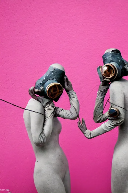 Image similar to a surreal portrait of intertwined and contorted figures wearing gas mask next to a pink wall in the style of brooke didonato, editorial fashion photography from vogue magazine, full shot, nikon d 8 1 0, ƒ / 2. 5, focal length : 8 5. 0 mm, exposure time : 1 / 8 0 0, iso : 2 0 0