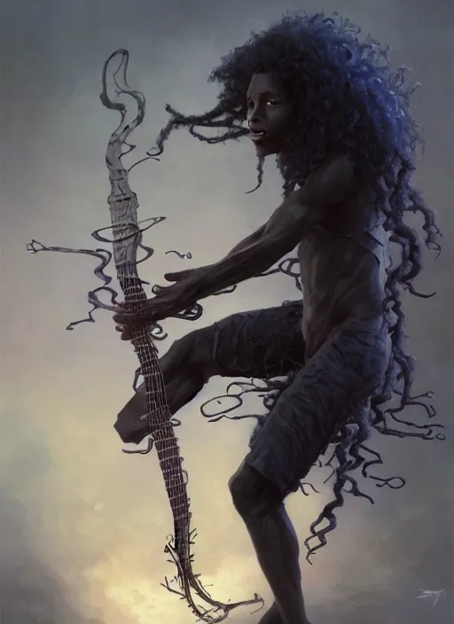 Prompt: fantasy changeling black kid with long curly hair playing electric guitar, two half's between, dim light, front game card, marvel comics, dark, intricate, highly detailed, smooth, artstation, digital illustration by ruan jia and mandy jurgens and artgerm and wayne barlowe and greg rutkowski and zdislav beksinski