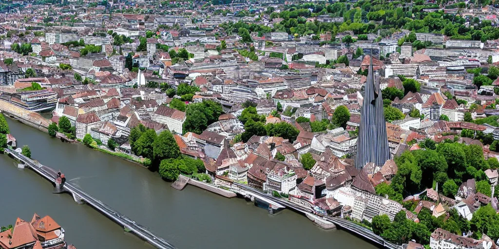 Image similar to the city of Basel in Switzerland but with many high rise buildings and drones in the air