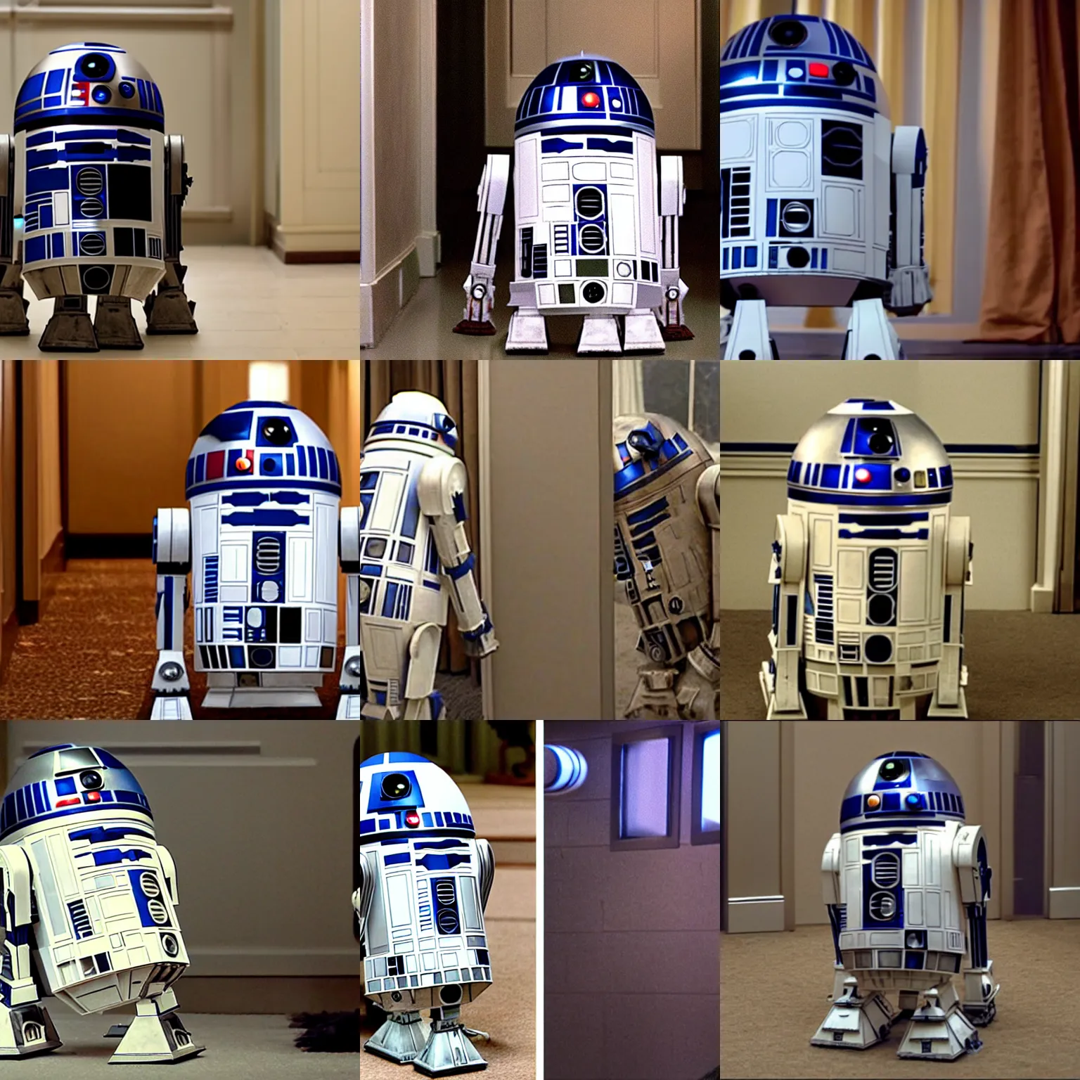 Prompt: R2D2 in the shining movie as a battle droid