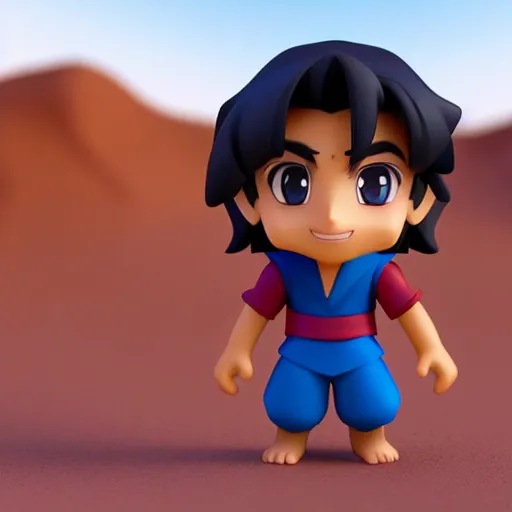 Image similar to profile view of young aladdin as nendoroid walking in a desert, wearing typical clothes, 8 k, hd, dof, kodak film, volumetric lighting, subsurface scattering, photorealistic, octane render