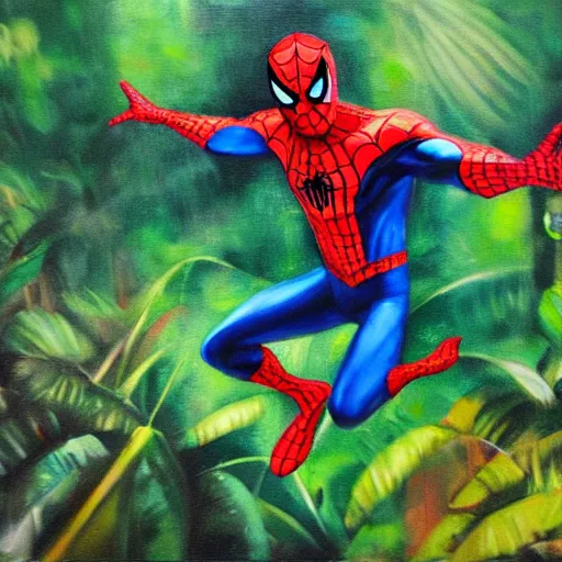 Prompt: spider man swinging through the jungle, oil painting