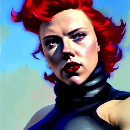 Image similar to greg manchess portrait of scarlett johansson as thick very muscular gothic weightlifter zarya from overwatch with red hair and black lipstick, fantasy medium shot, asymmetrical, profile picture, organic painting, sunny day, matte painting, bold shapes, hard edges, street art, trending on artstation, by huang guangjian and gil elvgren and sachin teng