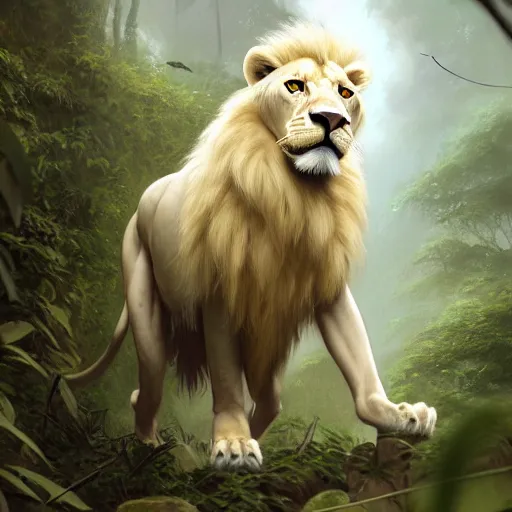 Image similar to commission portrait of a male anthro albino lion,wearing cargo pants and a boack t-shirt,going through a jungle cautiously.dramatic,character design by charles bowater,greg rutkowski,ross tran,hyperdetailed,hyperrealistic,4k,deviantart,artstation,professional photography,concept art