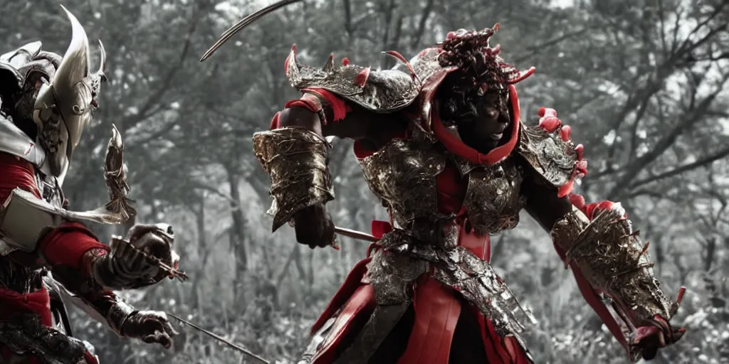 Prompt: a film still of a black man starring in a japanese blockbuster film as yoshimitsu, shallow depth of field, cinematic, award winning cgi, vfx, film still