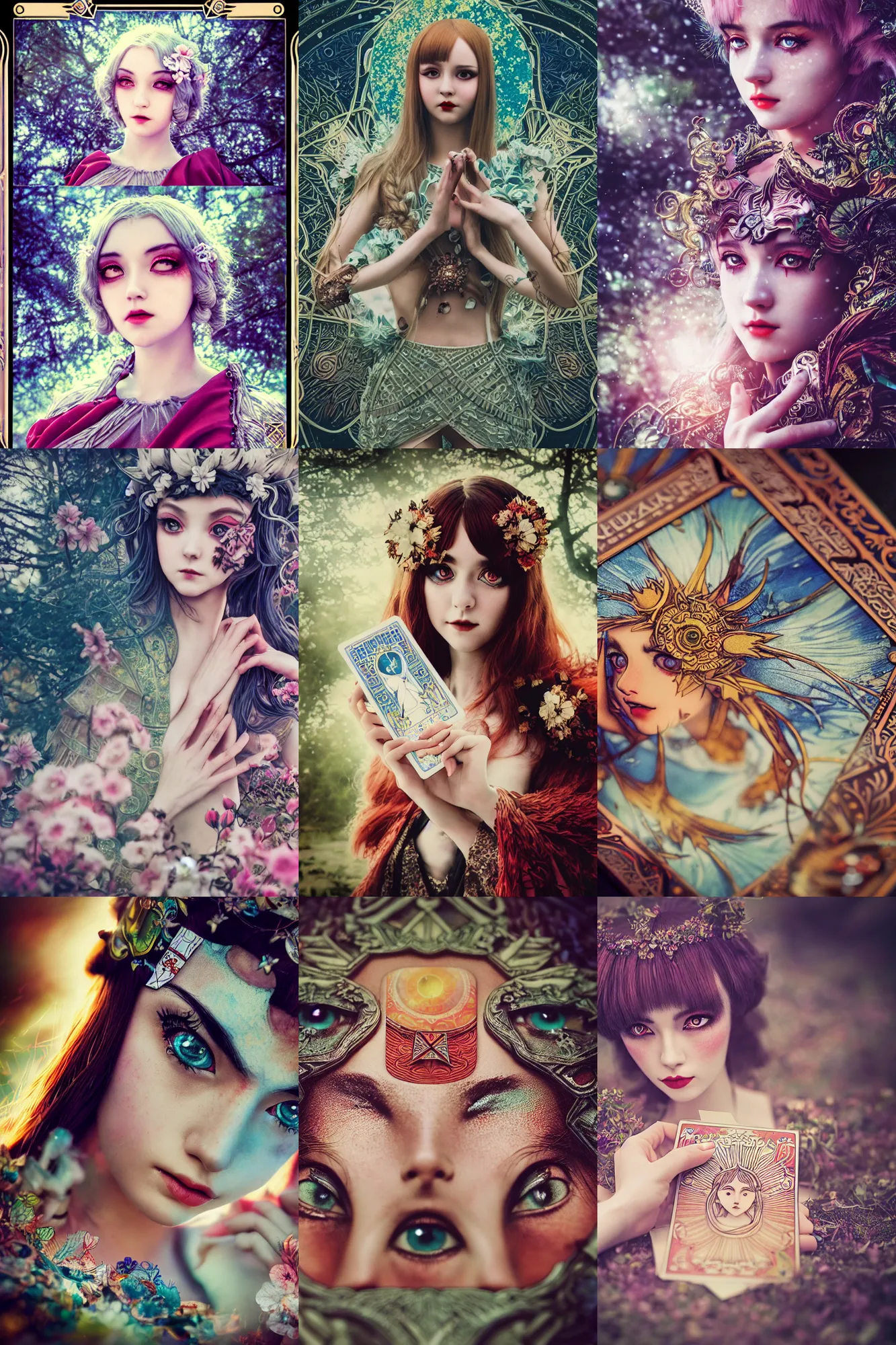 Prompt: Cinestill 50d, 8K, highly detailed, major arcana tarot sun card art deco Agnieszka Lorek designed seinen manga style 3/4 extreme closeup , eye contact, focus on card, tilt shift background: famous major arcana tarot card remake, transformation scene