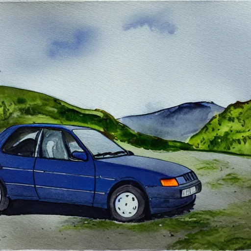 Prompt: A Dark blue 1991 Opel Calibra in a norwegian landscape, watercolor