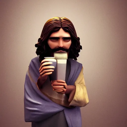Prompt: a Jesus drinking beer, photoshop, blender, artstation, animation, 3D,