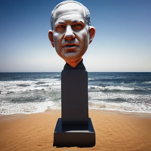 Prompt: a giant benjamin netanyahu head sculpture in the sea made out of jelly, long shot, hyper detailed, hyper realistic, ray tracing, 8 k resolution, sharp focus, realistic water, award winning