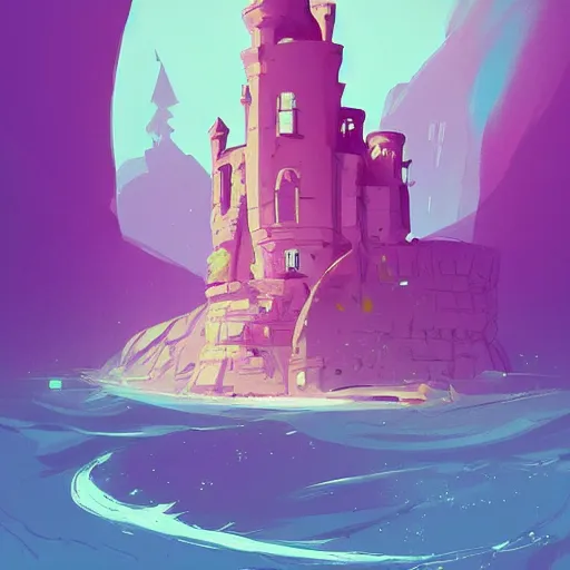 Prompt: a castle in a stunning sea by Anton Fadeev and Simon Stalenhag, purple scheme, trending on artstation