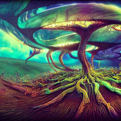 Image similar to bio-inspired design, alien nature, reaction-diffusion panoramic,octane render,michael whelan style,psychedelic clouds