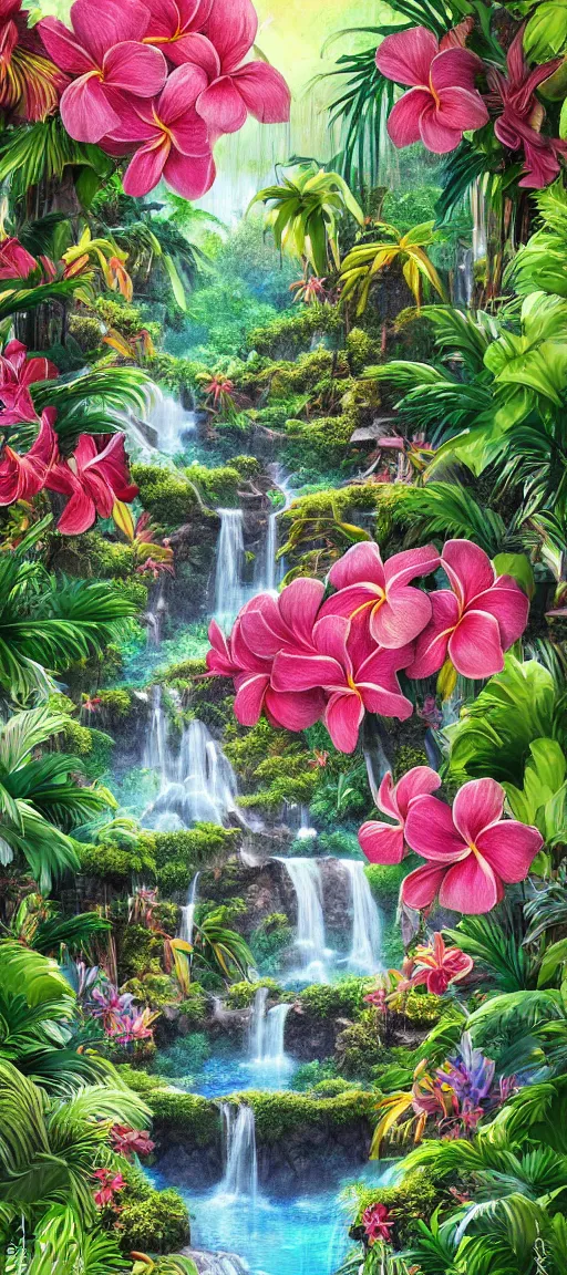 Prompt: cascading concept art of an exotic garden with waterfall pools, and flowers and palm trees, plumeria, hibiscus, detailed, highly detailed, aesthetic, realistic, hyper realism, colorful, in depth, intricate,