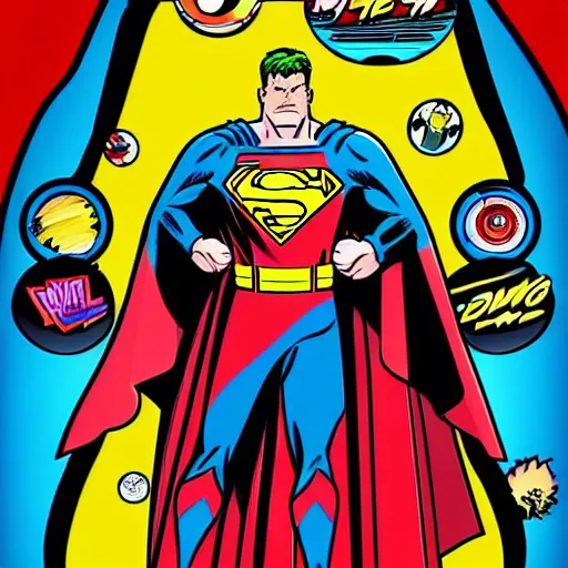 Image similar to a comic book super hero who is just really good at pinball and throws pinball machines he has a long cape his left hand is missing and instead is a launcher from a pinball machine, 4k, highly detailed, heroic pose, graphic novel, bright colors, dark lines