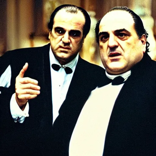 Image similar to a selfie photo of tony soprano and vito corleone, 8 k