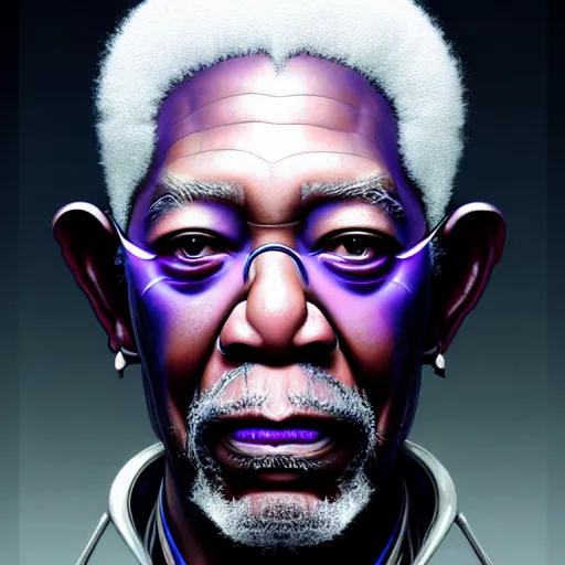 Image similar to portrait painting of a cyberpunk elven morgan freeman wearing a white and purple suit, ultra realistic, concept art, intricate details, eerie, highly detailed, photorealistic, octane render, 8 k, unreal engine. art by artgerm and greg rutkowski and charlie bowater and magali villeneuve and alphonse mucha