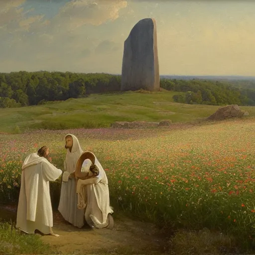 Image similar to A painting depicting the resurrection of Jesus Christ, (Jean Jules Linden), Peter Ilsted, (((flowers))), ((monolith))