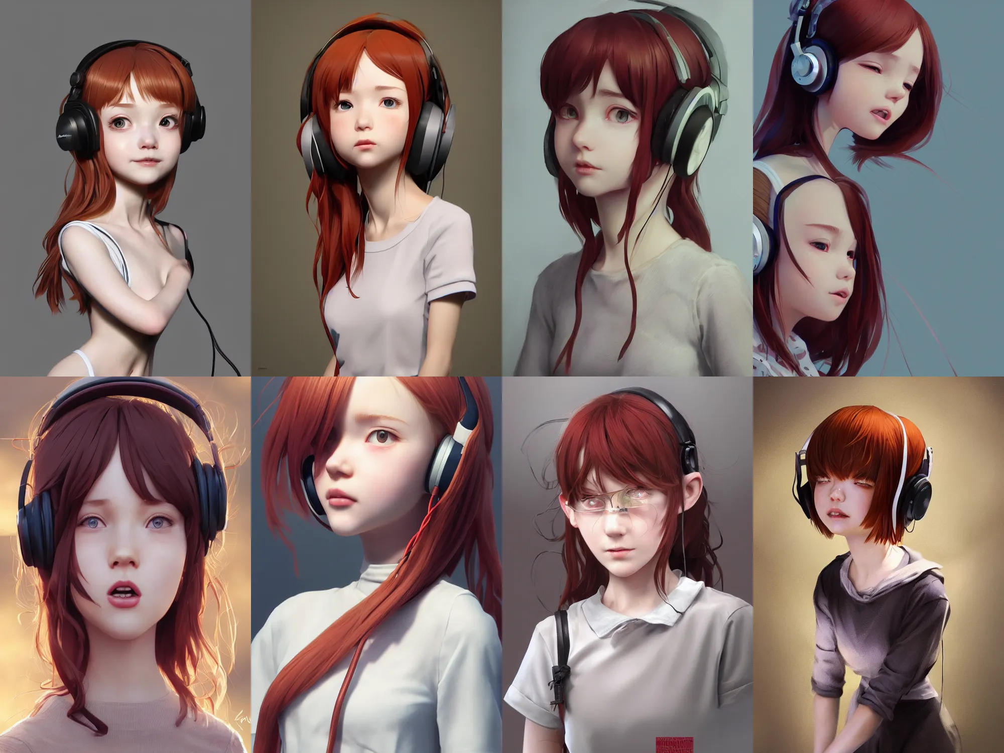 Prompt: complicated dynamic composition,realistic style at CGSociety by WLOP,ilya kuvshinov,krenz cushart,Greg Rutkowski,trending on artstation. Zbrush sculpt colored,Octane render in Maya and Houdini VFX,realistic close-up face of cute young redhead girl, expressing joy, dress,headphones,silky hair, deep eyes.Amazing textured brush strokes.Cinematic dramatic atmosphere,sharp focus, soft volumetric studio lighting.