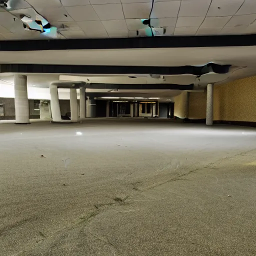 Prompt: photo of an empty grassy abandoned mall, taken with flash, very grainy
