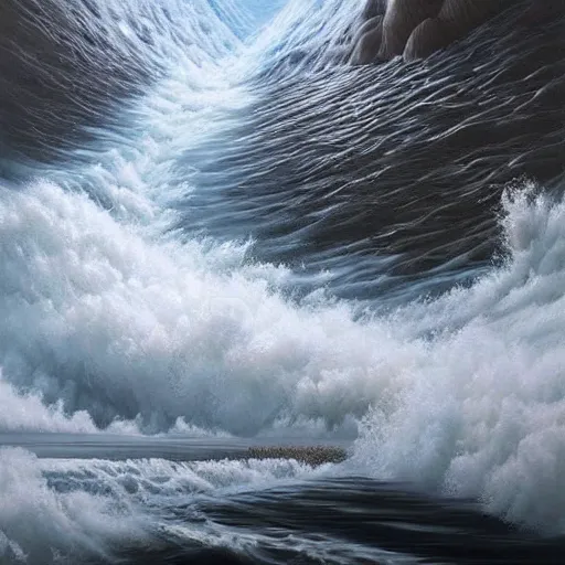 Prompt: artist joel rea a detailed hyper realistic painting of a flood running through the natural wilderness,