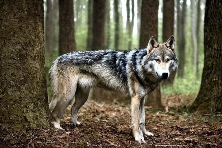 Image similar to hybrid consisting of a human and wolf, mostly wolf, photograph captured in the woods