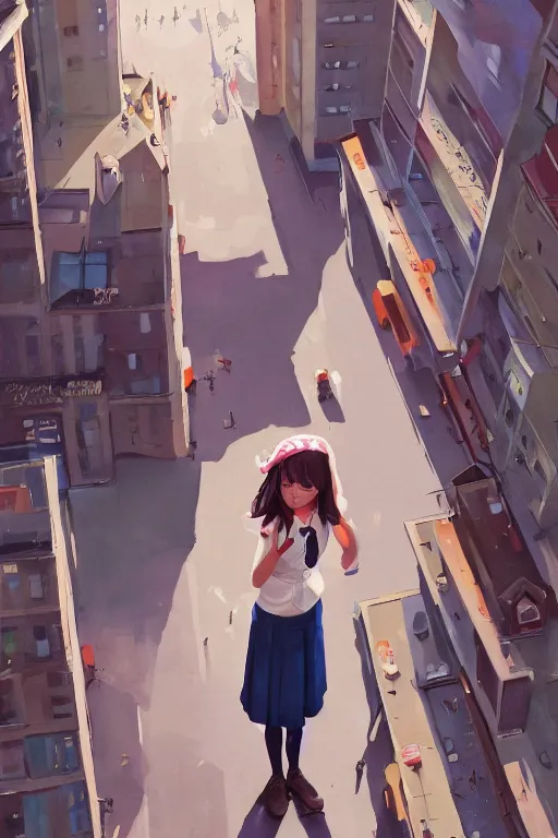 Prompt: gouache of a cute giantess wearing school uniform standing in the city which seem small, beautiful face, bird's eye view, 8 k wallpaper, strong brush stroke, very high detailed, sharp focus, illustration, morandi color scheme, art station, by krenz cushart