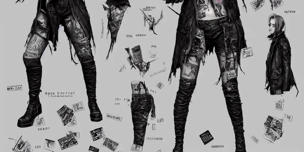 Prompt: tattooed shady noir girl, wearing scratched and ripped leather shorts and a short jacket full of stamps and stitches, character sheet, fine details, concept design, contrast, kim jung gi, greg rutkowski, trending on artstation, 8 k, full body, turnaround, front view, back view, ultra wide angle